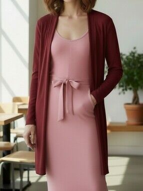 IMAN Ribbed Open Front Cardigan Red Duster |Size L EUC |minimalist,Chic Layering